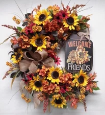 Flower Door Wreath Fall Autumn Wreath Sunflower Welcome Sign Wreath SALE!