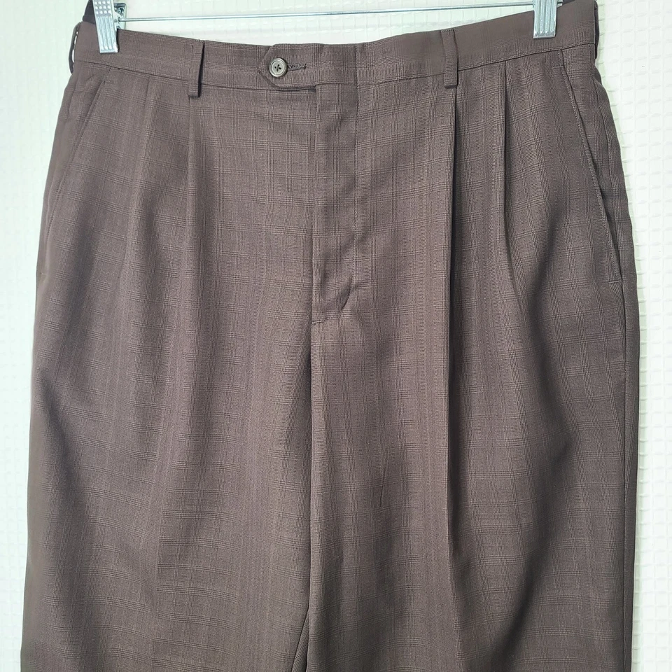 Pantalones de vestir Claiborne para hombre 36x32 marrón poliéster a cuadros dobladillo con puños Foto 2 de 4