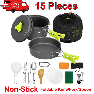 15pcs Camping Cookware Set   Non-Stick, Lightweight, Portable Mess Kit, Outdoors
