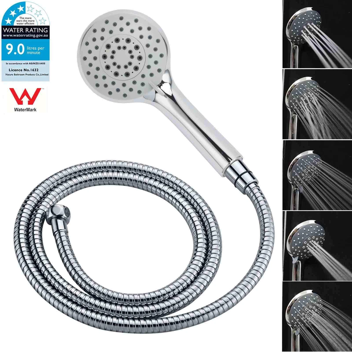 WELS 5 Massage Function Handheld Shower Head Round Spray Rose & 150mm Hose Set