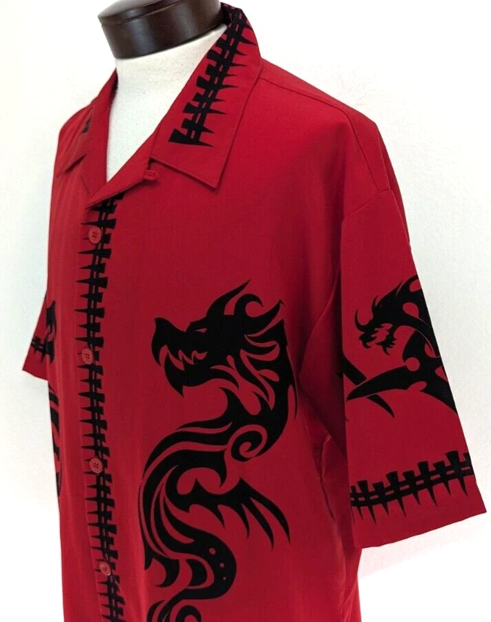 Vtg Y2K DRAGONFLY Roadhouse Men's XL Shirt Red Black Dragon/Spine Button EUC! * - Image 2 of 4