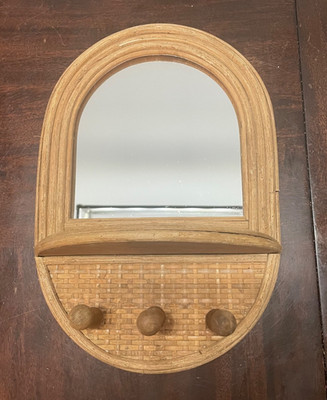 Vintage Bamboo Rattan Mirror with Shelf And Key Holders 12x8  CUTE!