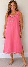 Jamie Brooke Pink Embroidered Midi Dress Women's M 100% Cotton Floral SideButton