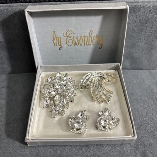 Vintage Eisenberg Ice Rhinestone Brooch Clip Earrings Set Silver Tone Jewelry