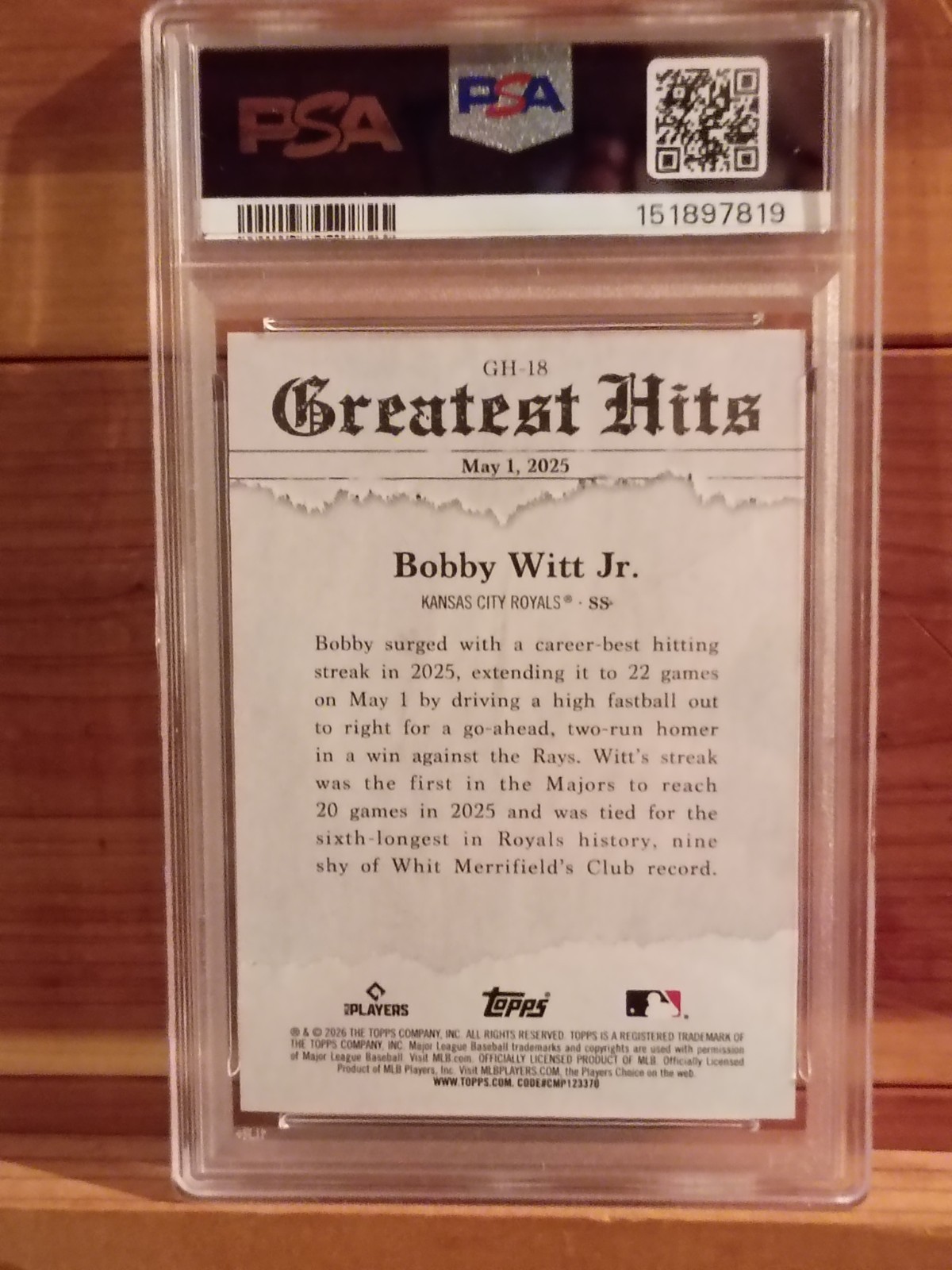 Topps 2026 Bobby Witt Jr.  2025 Greatest Hits Orange Foil GH-18 PSA10 GEM-MT /25 view 2