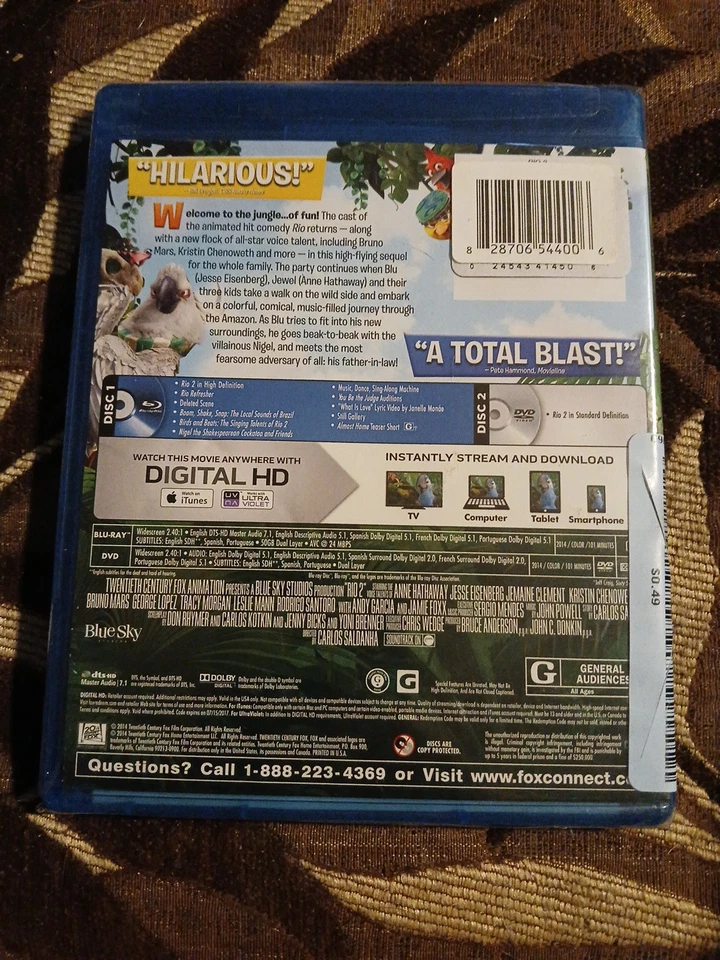 Rio 2 (Blu-Ray/DVD, 2014) Anne Hathaway - Bruno Mars - Jamie Foxx - New Sealed - Image 2 of 2