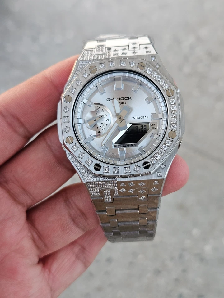 Casio G-Shock GA-2100 personalizado esfera plateada mod | estilo metal helado | aspecto de lujo Foto 2 de 4