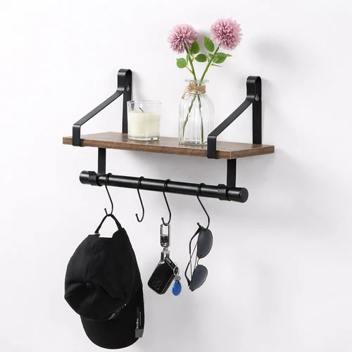 Floating Wall Shelf with Rail and Hooks, Metal Frame & Rustic Wood Display Shelf