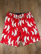 Lands' End Men's Red Sailboat Print Swim Trunks Nautical Board Shorts Size: M