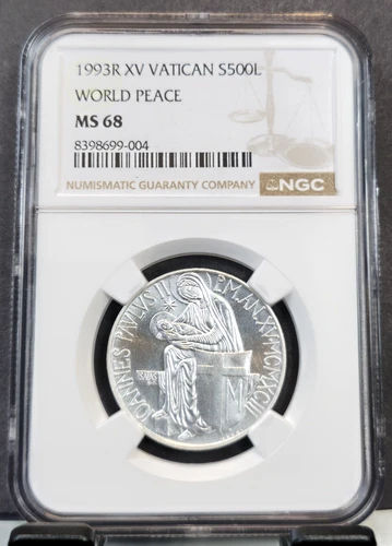 1993 VATICAN SILVER 500 LIRE S500L WORLD PEACE NGC MS 68 SCARCE GEM