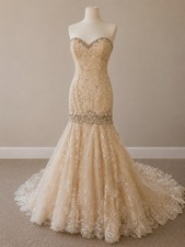 Allure Bridals Strapless Mermaid Wedding Dress Champagne Ivory Beaded Lace