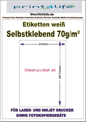 Etiketten Klebepapier DIN A4 blickdicht weiß UNIVERSAL für Inkjet Laser Copy