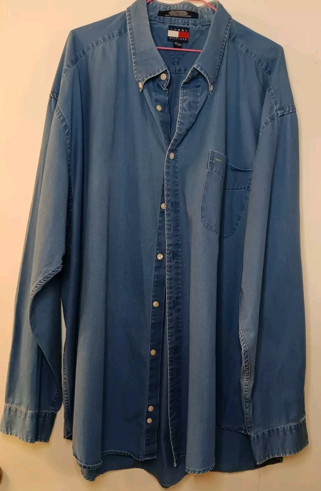 Tommy Hilfiger Para Hombres Azul Cambray Algodón Botón Camisa Chaqueta Cresta L S Talla XXL Foto 3 de 4