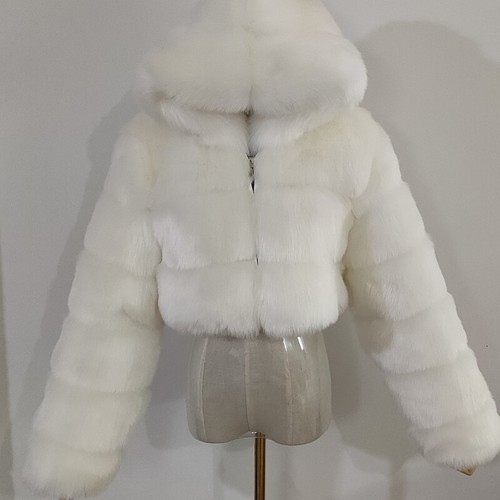 Lady Furry Cropped Faux Fur Coats Fluffy Top Coat W/Hooded Winter Warm Jacket - Picture 13 of 39