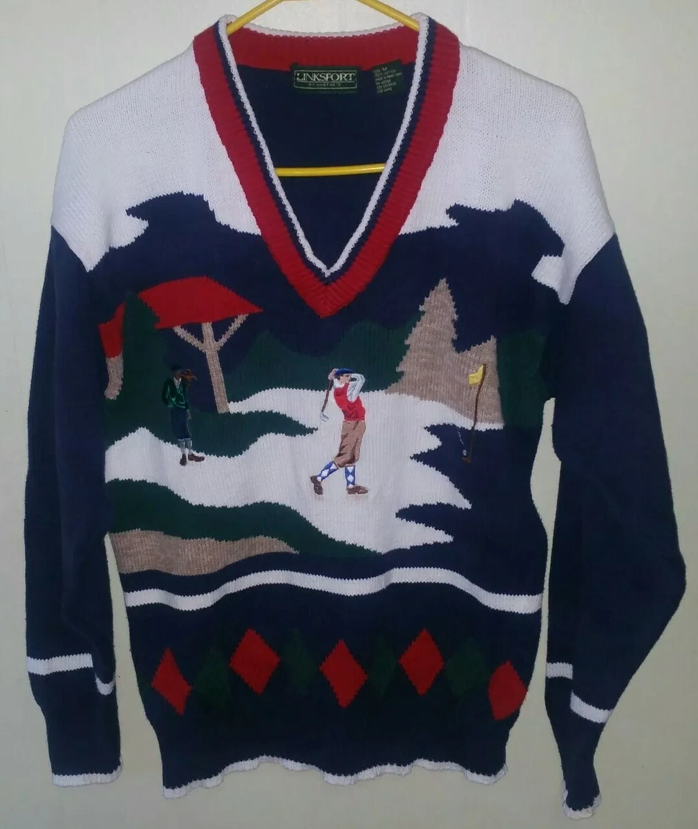 VINTAGE 80u0026#039;s LINKSPORT V-NECK GOLF EMBROIDERED KNITTED SWEATER, MEN  SIZE M | eBay