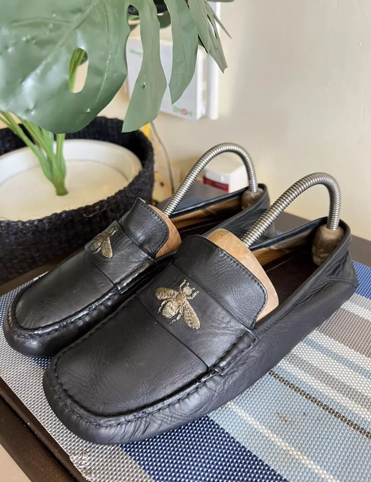 Mocassins homme Gucci cuir driver noir or abeille 473769 taille USA 6,5