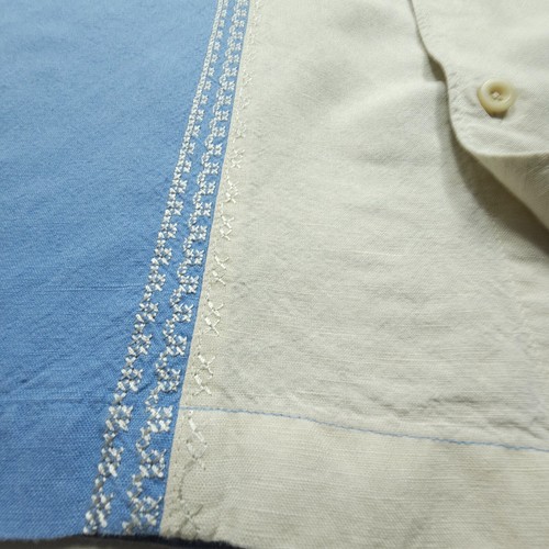 Rainforest Cafe Men Shirt XL Blue Tan Linen Rayon Bowler Rockabilly Hipster Camp - Picture 12 of 23