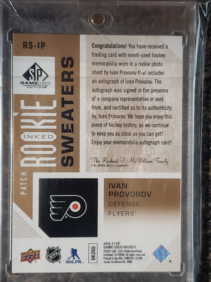 2016-17 SP Game Used IVAN PROVOROV Rookie Sweaters AUTO PATCH RS-IP 58/99 3-CLR! - Image 2 of 2