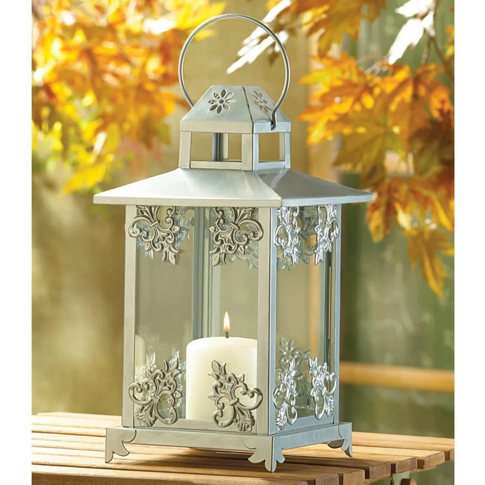 Lote de 8 piezas de descuento para boda linterna con desplazamiento plateada exhibición de velas Yankee 13" H Foto 3 de 4