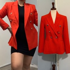 Zara New Women Red Long Sleeves Lapel Collar Double Breasted Pique Blazer Size M