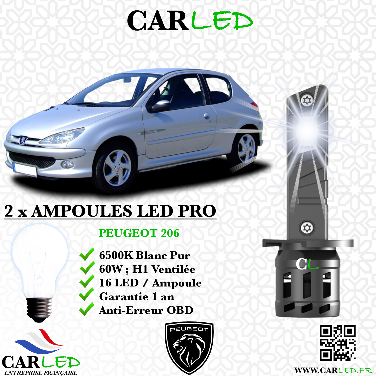 Kit ampoule LED Peugeot 206 pour feux de croisement blanc 6000K