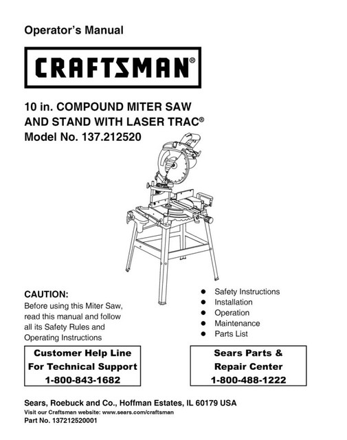 Craftsman 137.212520 Miter Saw Owners Instruction Manual eBay