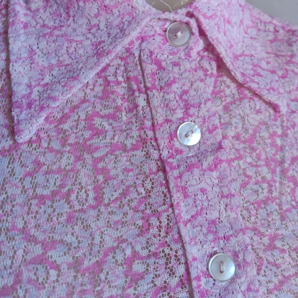 Small Vintage 1960's Pink Top True Mod Bodysuit Long Sleeve Lace Sheer Blouse - Image 4 of 4