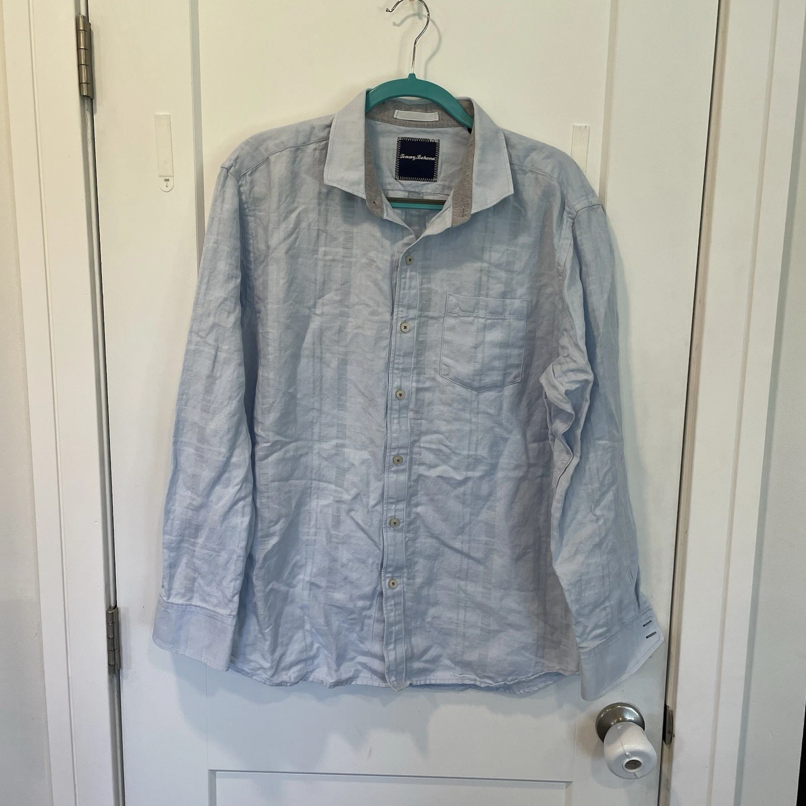 Tommy Bahama Plaid Button Down Linen/Cotton Shirt Blue Men's Size Large