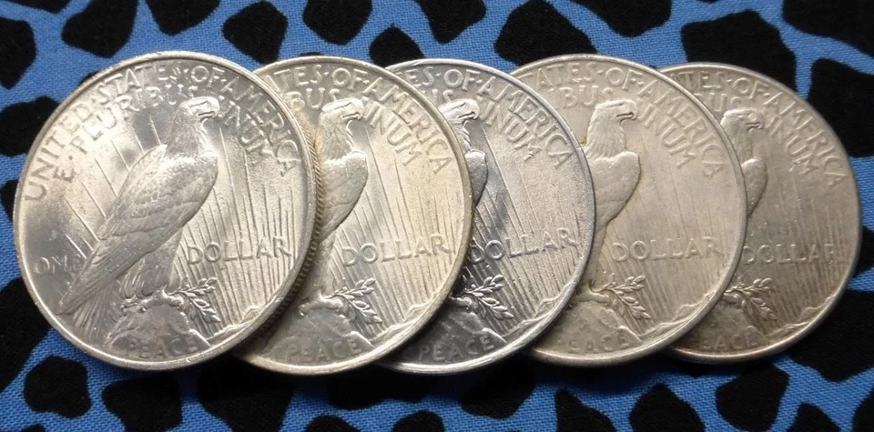 Peace Dollars 1921-1935 Lot of 5 Uncirculated 90% Sil ver Coin Mixed Year US - Image 4 of 4