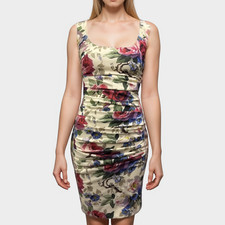 Dolce&Gabbana Women's Cream with Multicolor Floral Print Silk Rushed Midi Dress,