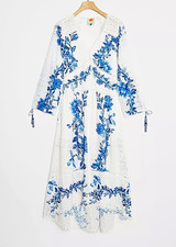 Farm Rio Emmanuelle Maxi Dress V-Neck Eyelet Floral Viscose Blue White M