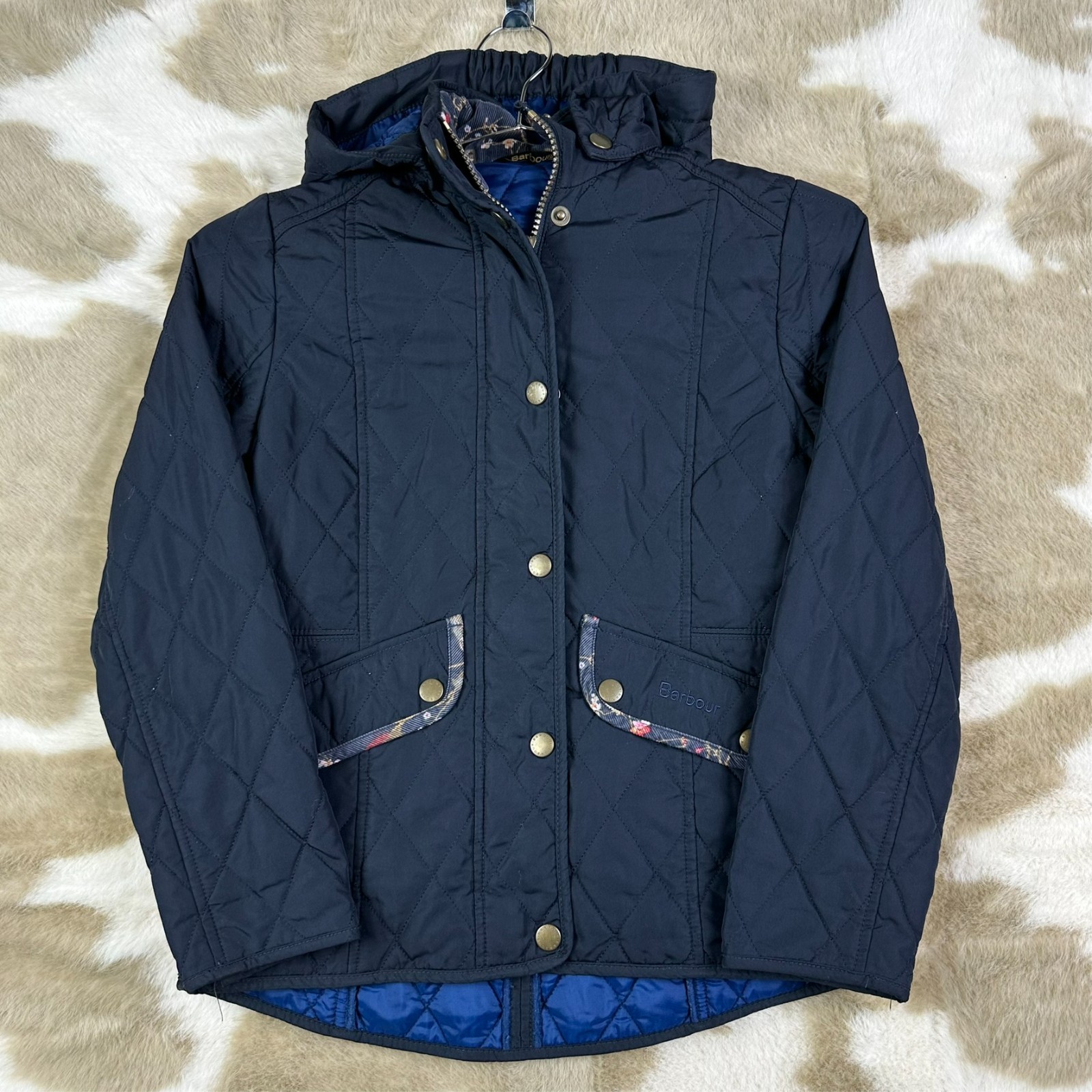 Vintage Barbour Impeller Navy Floral Trim Girls Sz Medium Quilted Hooded Jacket
