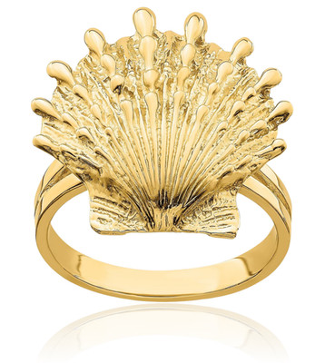 14K massiver Gelbgold Löwen Pfote Jakobsmuschel Muschel Statement Mode Ring 2,4 mm schmal