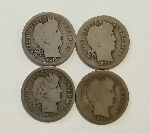Barber Dime Silver Lot of 4 Coins 10C Variety Circulated Denver Business Strike