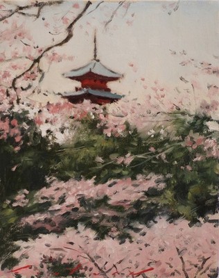 Pagoda and Sakura - original oil painting on 8'' x 10'' canvas board