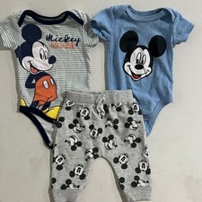Disney Baby Mickey Mouse 3 Piece Set Bodysuits outfit and Joggers Blue Grey 3-6M