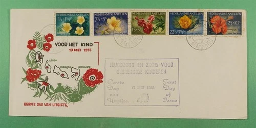 DR WHO 1955 NETHERLANDS ANTILLES FDC FLOWER CACHET COMBO SEMI POST R22563