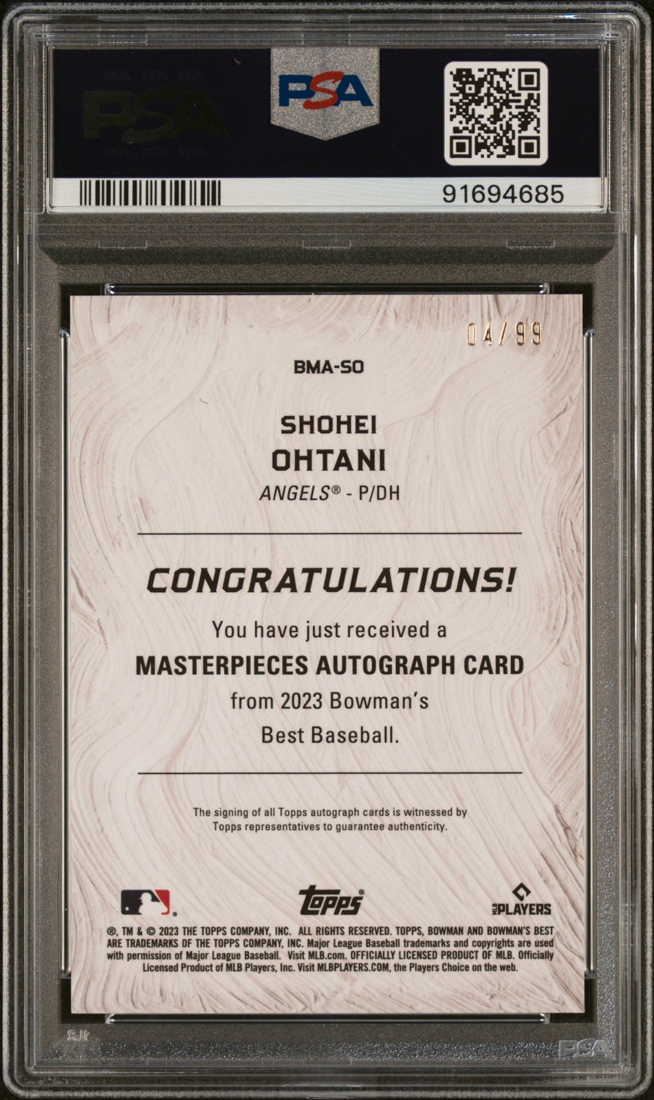 2023 BOWMAN'S BEST BOWMAN MASTERPIECES AUTO SHOHEI OHTANI 4/99 PSA 9 AUTO 10 view 2