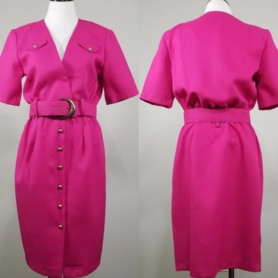 #ad #ad Vintage 80s Whirlaway Frocks Fuchsia Waffle Shirtwaist Dress 12P Belted Modesty $39.88
