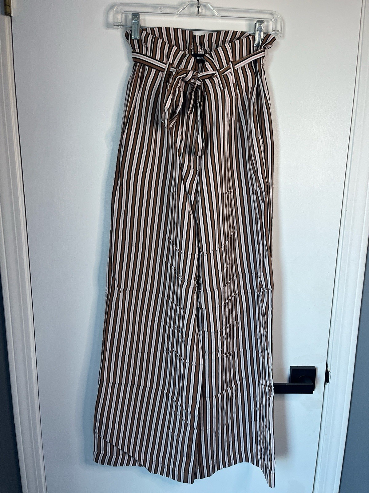 Express Wide Leg High Rise Striped Paperbag Pants Brown White Tie Waist Women