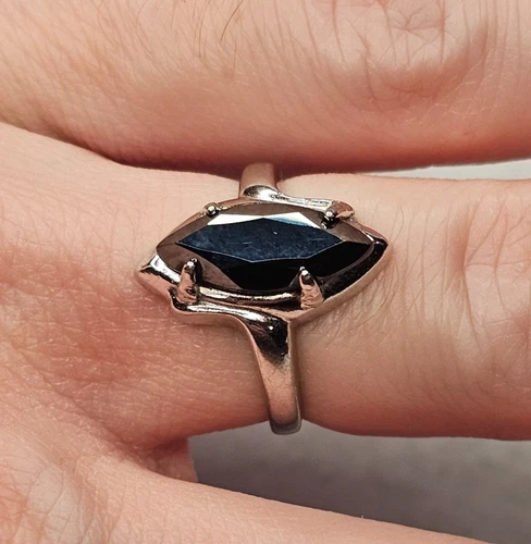 Vintage Uncas Sterling Silver Hematite Marquise Ring Size 5 1970s Modernist 925