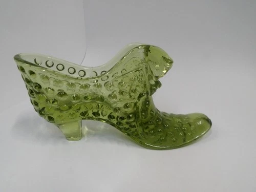Fenton Hobnail Green Victorian Glass Shoe With Cat