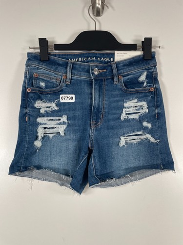 BNWT American Eagle Womens High Rise Shortie Jean Shorts Distressed Blue Sz 2 - 第 1/14 張圖片