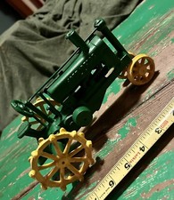 Vintage Cast Iron Green John Deere OP Tractor w/ Yellow Iron Wheels Clean 