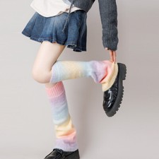 Women Leg Warmer Rainbow Knitted Loose Socks Stocking Knee Length Japanese