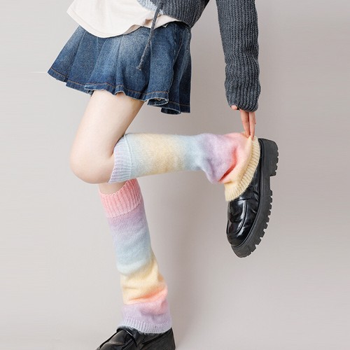 Women Leg Warmer Rainbow Knitted Loose Socks Stocking Knee Length Japanese - Picture 3 of 16