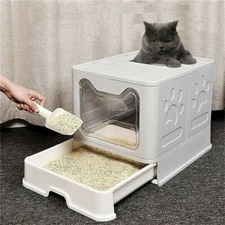 Extra Large Easy Cleaning Cat Litter Box Double Door Kitty Toilet Box w/ Drawer