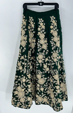 Women's Green Gold Satin Embroidered Indian Skirt With Beaded Drawstring