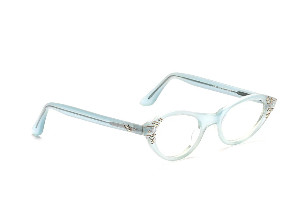 Vintage 50er Jahre Cat Eye Brille Damen Acetat Hellblau Strass 44-22 mm E3 - Bild 2 von 4