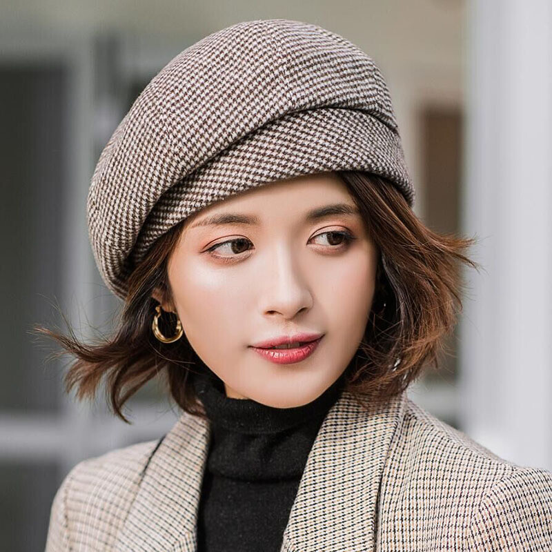 Women Houndstooth Beret Hat Retro Army Style Cap Check Plaid 